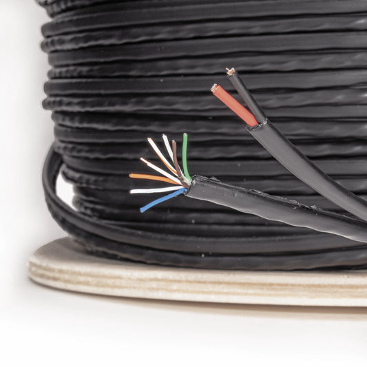 Bobina de Cable Siamés Cat5e CCA + 2 Cables Gruesos (16 AWG) para Alimentar Cámaras Más Lejos / 305 Metros (1000 Pies) / Instalación en Exterior / Uso Industrial para Climas Extremos