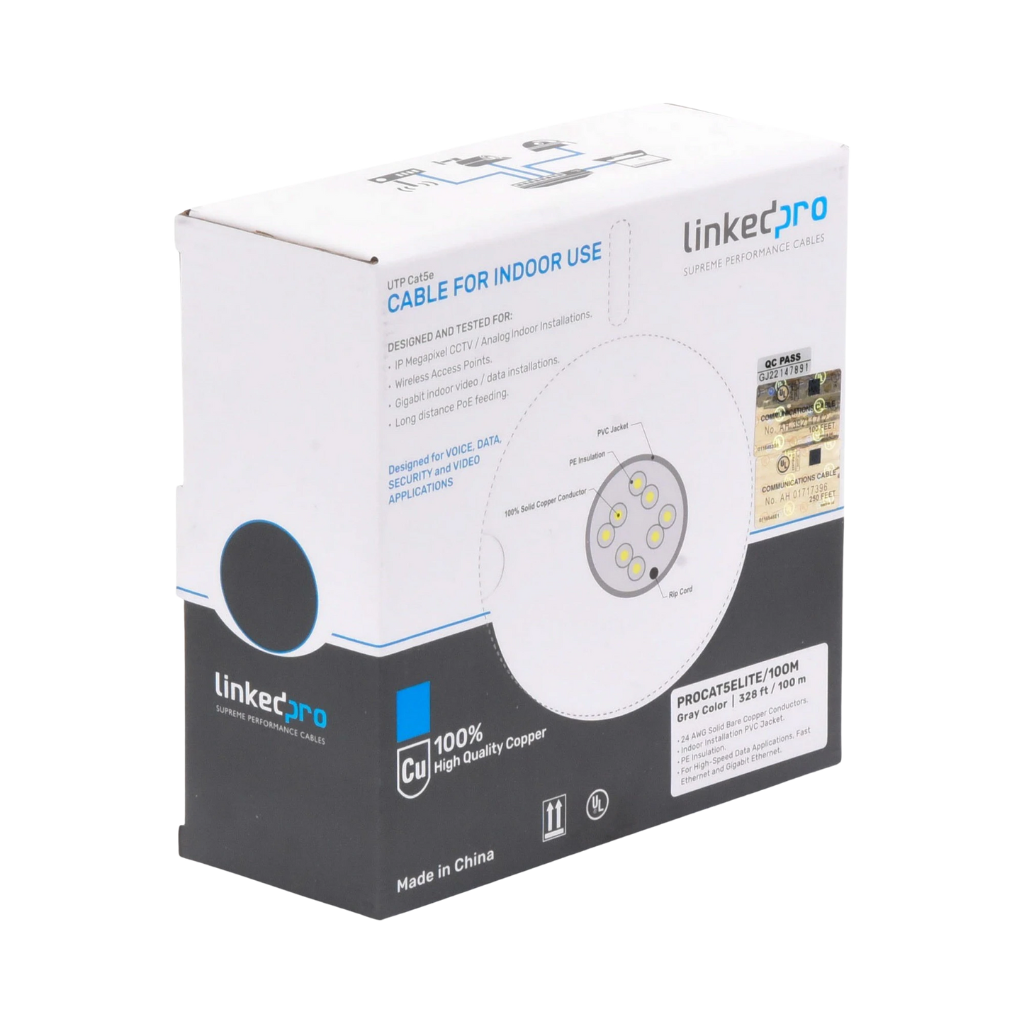 Bobina de Cable de 100 Metros (328.08 Pies), Cat5e, 24 AWG, Color Gris, UL, para Aplicaciones en Videovigilancia, Redes de Datos. Uso Interior